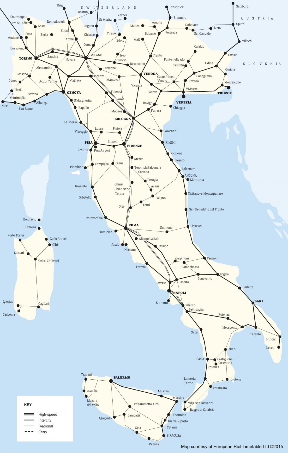 карта железнодорожных линий Италии